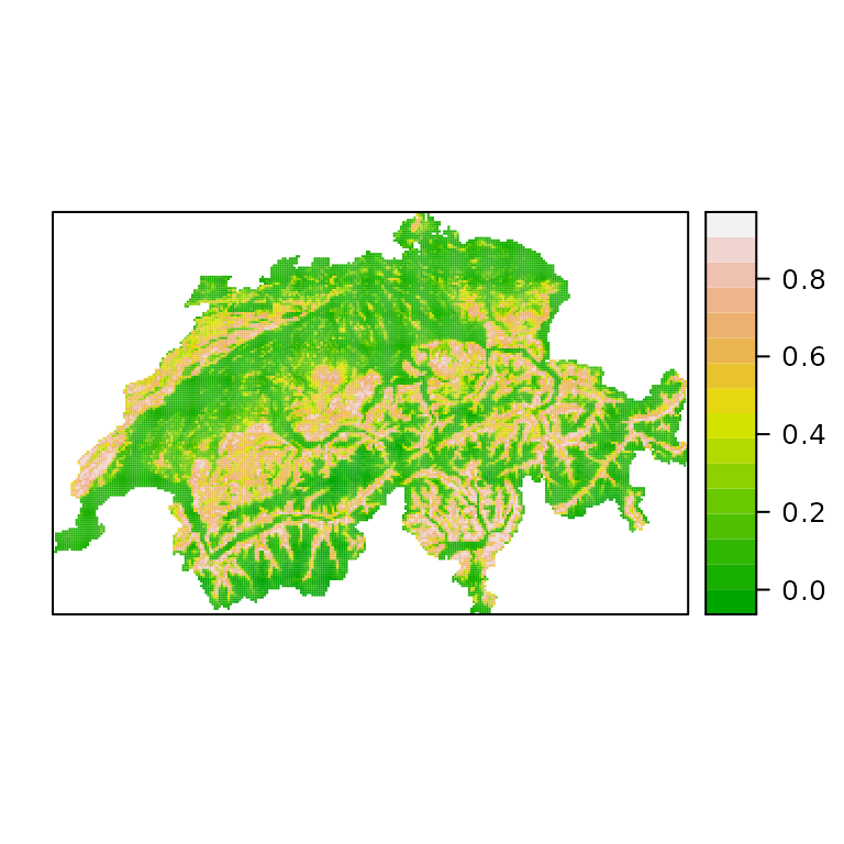 Figure 3. A species distribution map for the European crossbill in Switzerland. The colors represent occurrence probability.